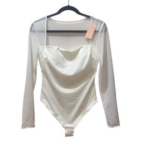 Popilush Ivory‎ Bodysuit Square Neck Long Mesh Sleeves Snap Closure Size M